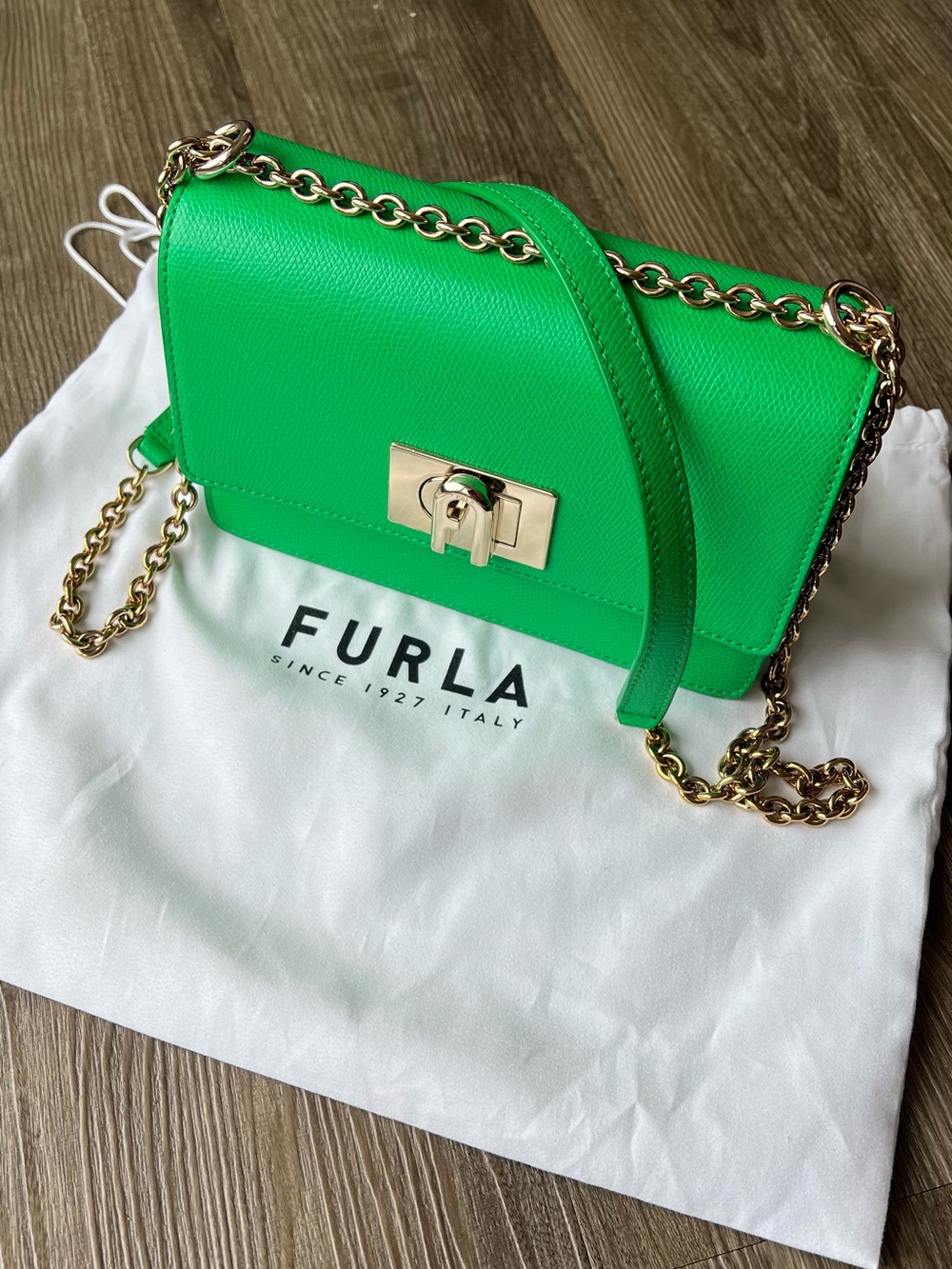 Furla Emerald Green Leather Crossbody with Gold Chain